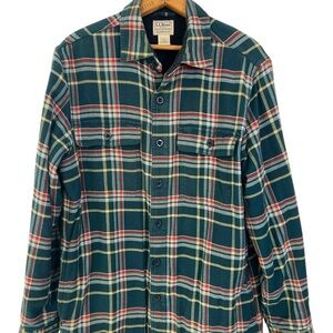 LL Bean Fleece Lined Flannel Shirt Jac Shacket Green Plaid Long Sleeve